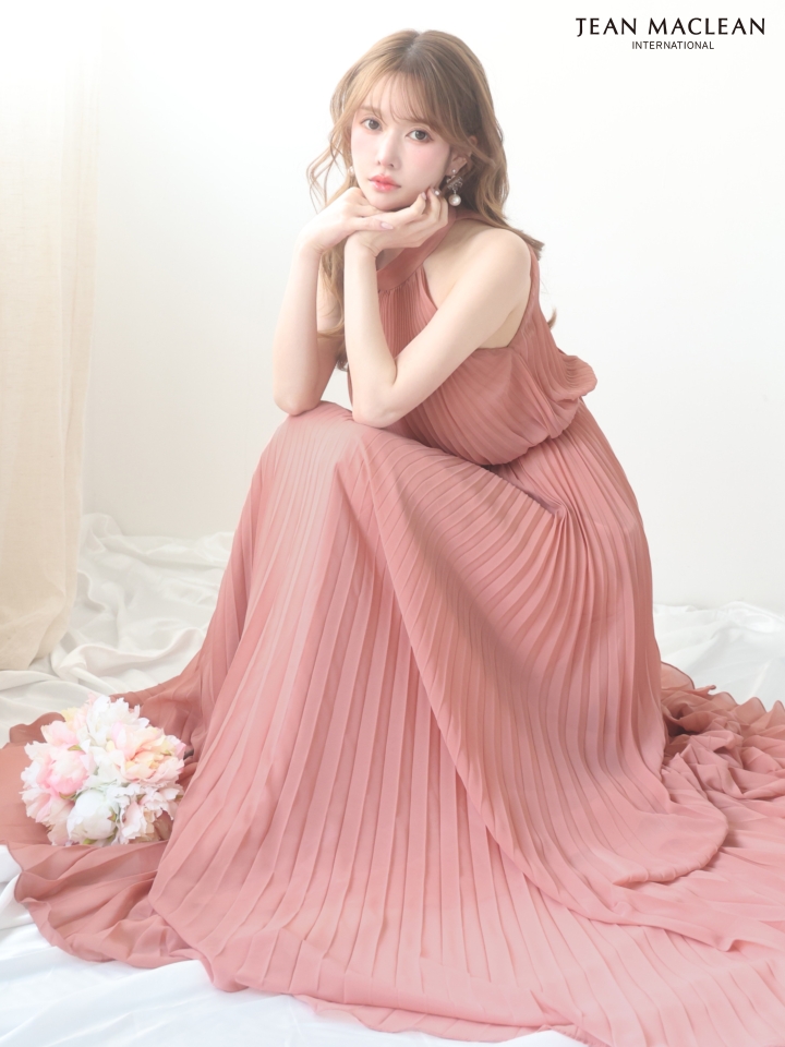 ノースリーブ シフォン プリーツ ネックリボン エレガント Aラインロングドレスのイメージ画像2