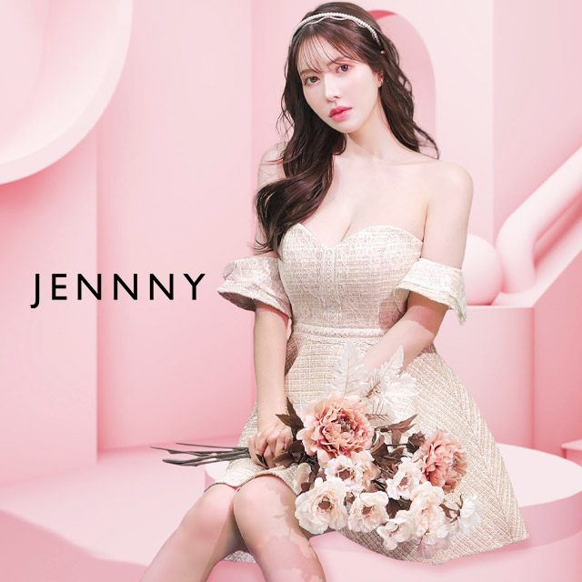 キャバドレス JENNY オフショルダー ツイード ガーリー ホワイトレース ハイウエスト切替 フレアミニドレスのメイン画像