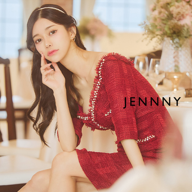 キャバドレス JENNNY ジェニー チェック柄 袖あり ウエストカット ツイード タイト 膝丈ドレスのメイン画像