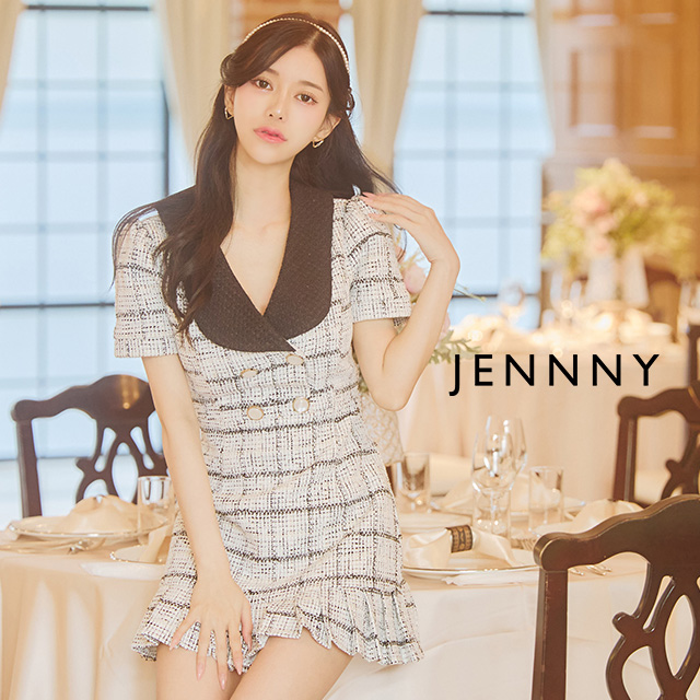 キャバドレス JENNNY ジェニー ビックカラー チェック柄 ツイード 半袖 フレアミニドレスのメイン画像