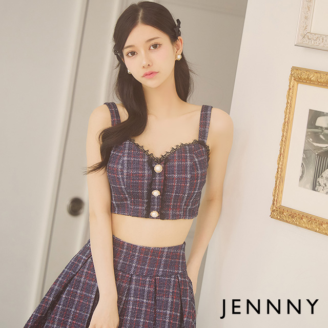 キャバドレス JENNNY ジェニー セットアップ チェック柄 ツイード キャミソール プリーツスカート フレアミニドレスのメイン画像