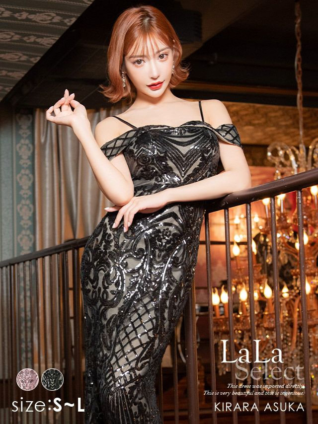 【LaLaTulle USA/インポート】スパンコール刺繍デザイン マーメイド オフショルダー タイトロングドレスのイメージ画像3