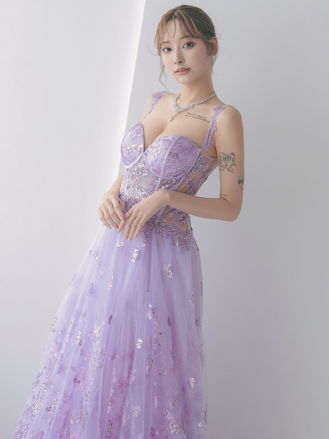 バタフライモチーフ バースデー キャミソール コルセット風チュール フレアロングドレスのイメージ画像3