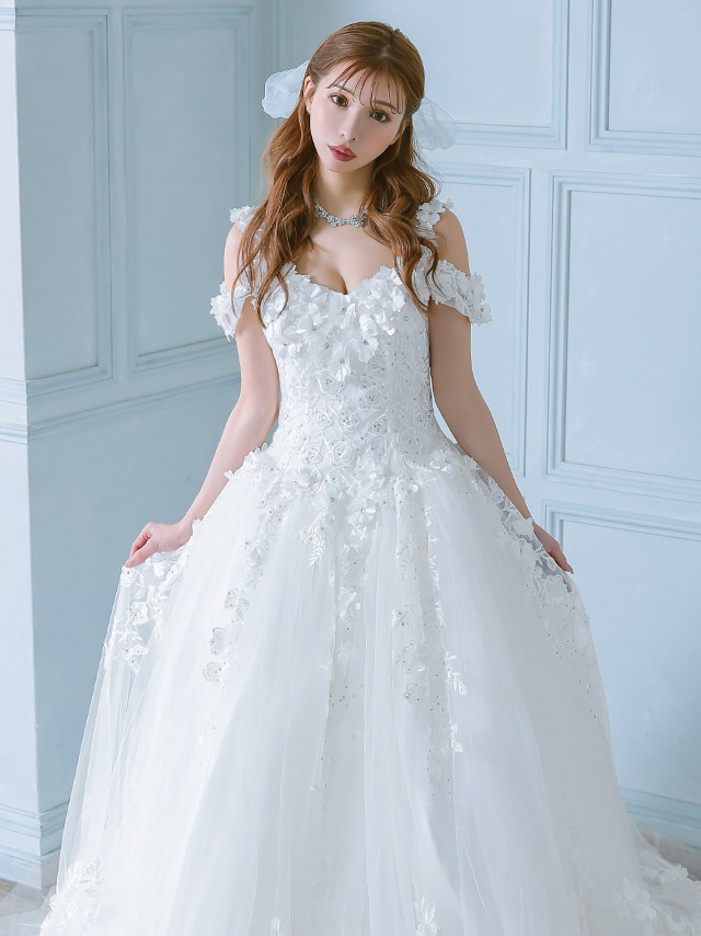 肩あき オープンバスト 立体フラワー 刺繍 ビジュー バースデー Aラインロングドレスのイメージ画像2