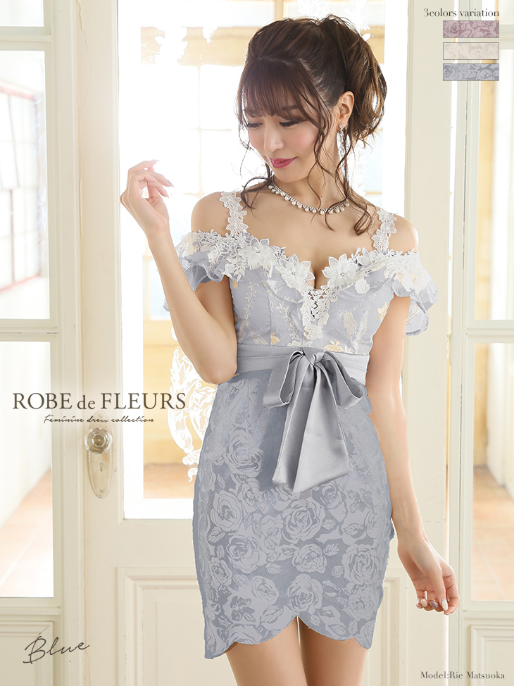 肩あき フラワーレース ウエストリボン フリルショルダー フェミニン タイトミニドレスのイメージ画像3