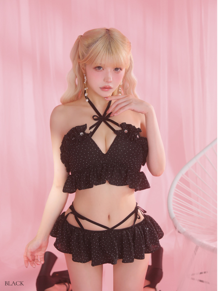 フリル リボン ホルターネック ビジュー モノトーン ガーリー ビキニ 上下セットのイメージ画像3