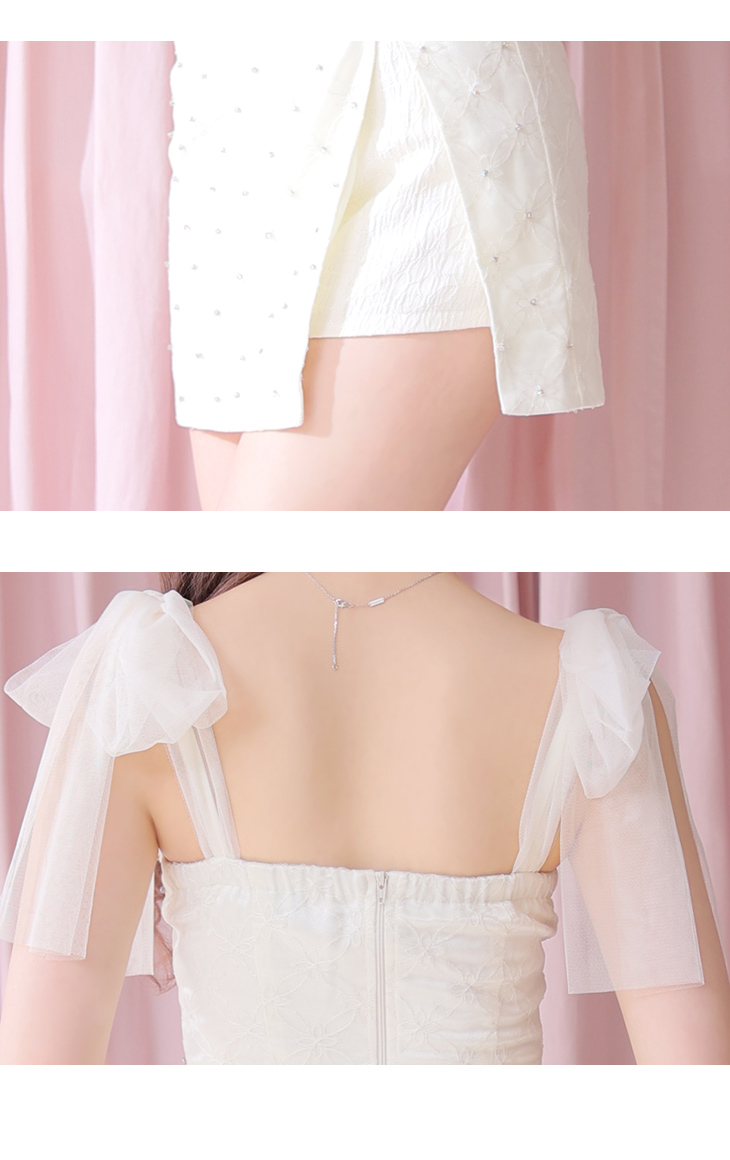 リボンチュール ビジュー刺繍 ワンカラー セットアップスリット タイトミニドレスのデティール2