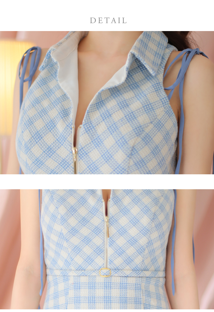 リボン 襟デザイン チェック柄ツイード ジップ プリーツスカート フレアミニドレスのカラーバリエーション