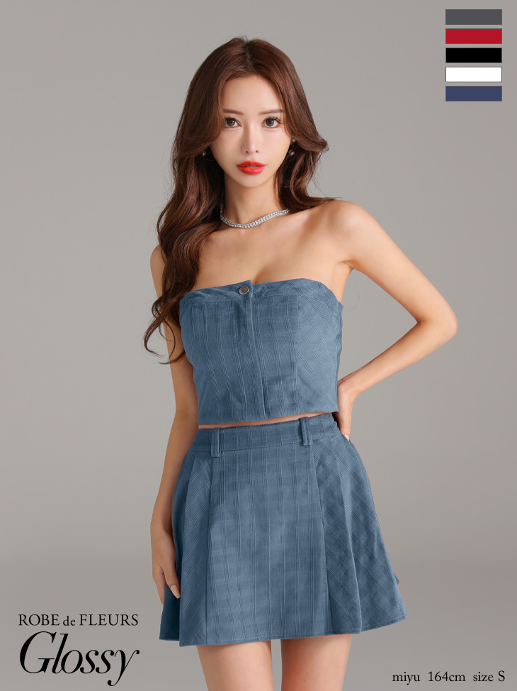 セクシー オープンバスト ベアデザイン チェック柄 セットアップ プリーツ フレアミニドレスのイメージ画像5
