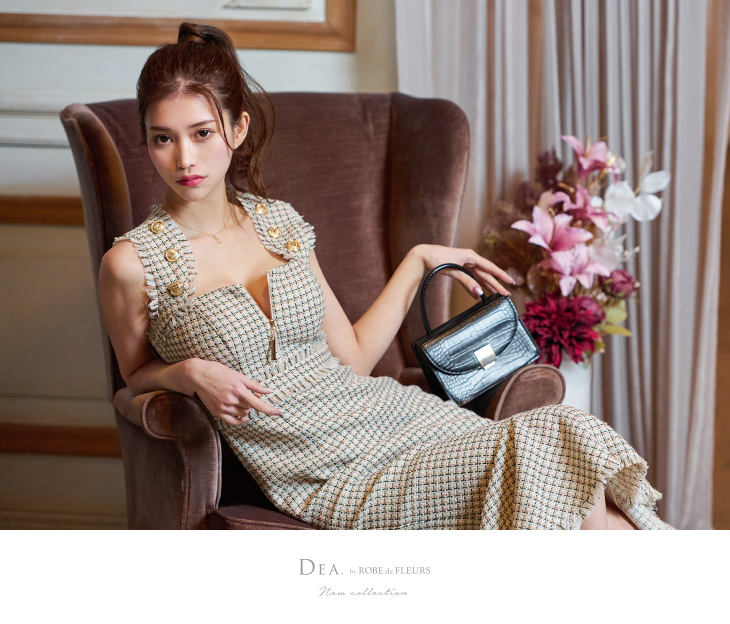 【DEA.by ROBE de FLEURS/ディア】ゴールドボタン ツイード マーメイド タイトひざ丈ドレスのイメージ画像1