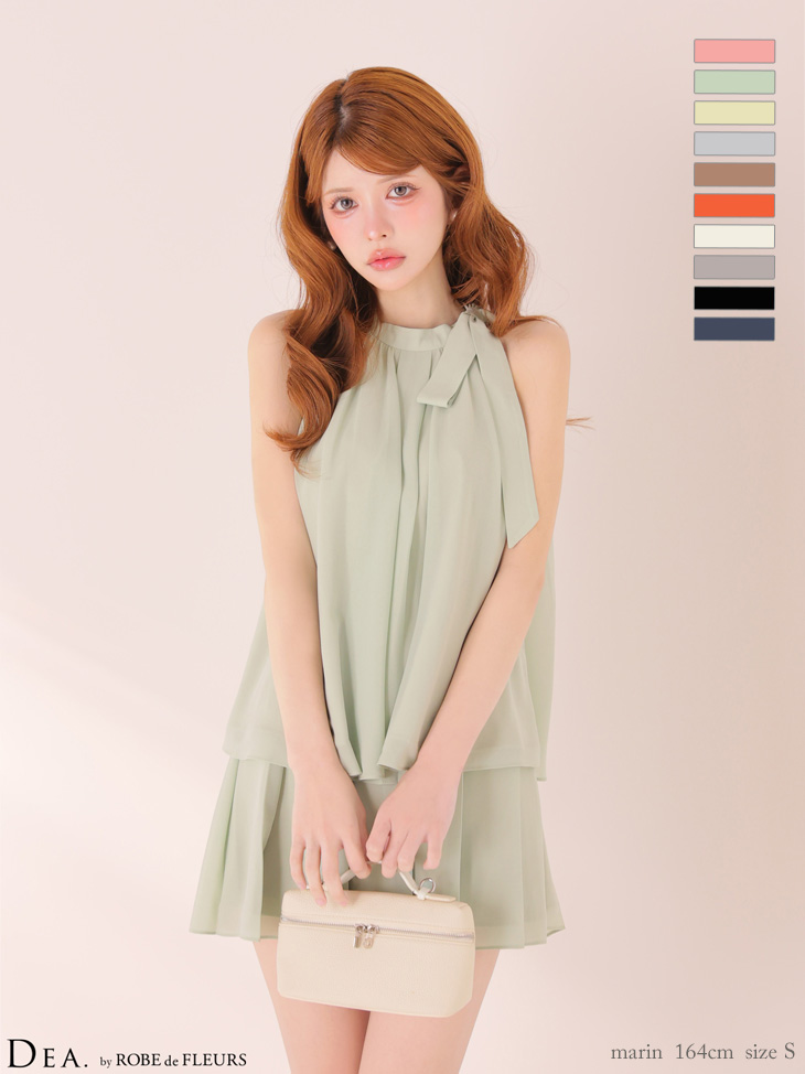 エレガント サテン シフォン サイドリボン ノースリーブ セットアップ フレアミニドレスのイメージ画像8