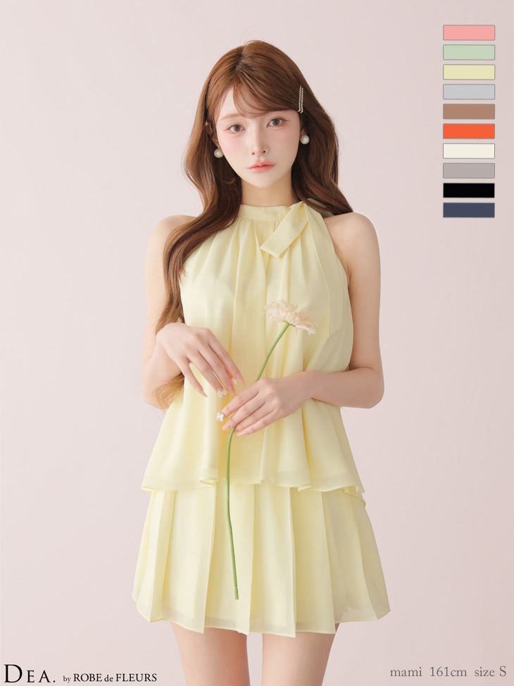 エレガント サテン シフォン サイドリボン ノースリーブ セットアップ フレアミニドレスのイメージ画像9