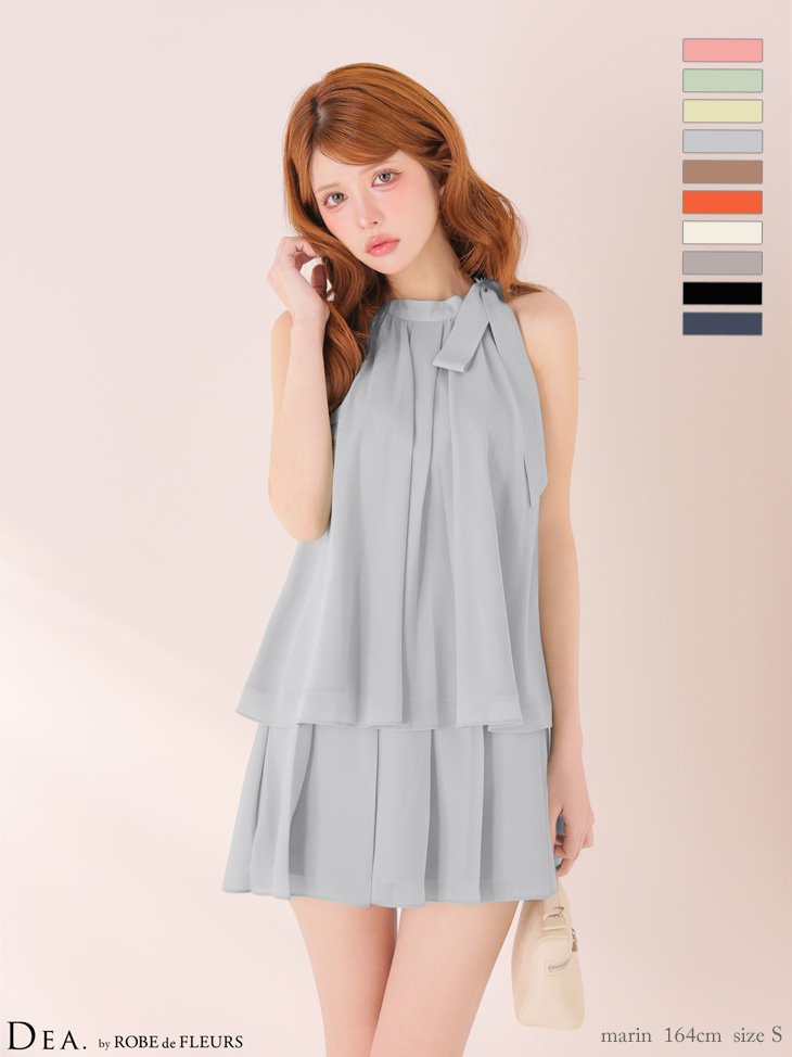 エレガント サテン シフォン サイドリボン ノースリーブ セットアップ フレアミニドレスのイメージ画像10