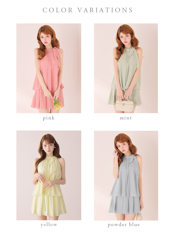 エレガント サテン シフォン サイドリボン ノースリーブ セットアップ フレアミニドレスのイメージ画像14