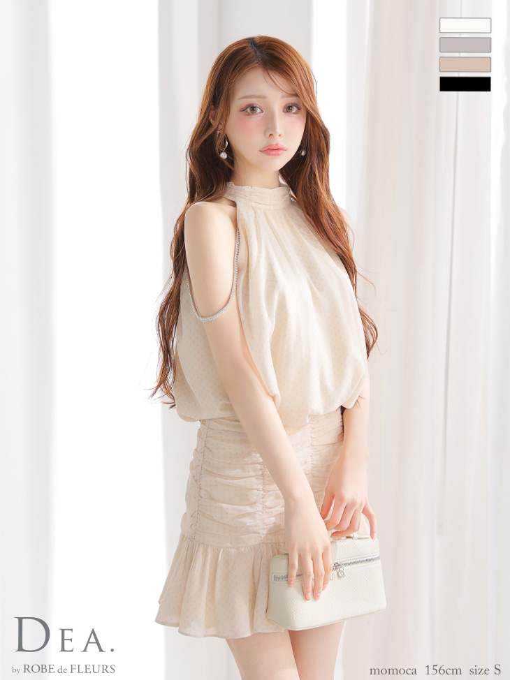 ホルターネック ドット柄 シフォン セットアップ シンプル フレアミニドレスのイメージ画像1