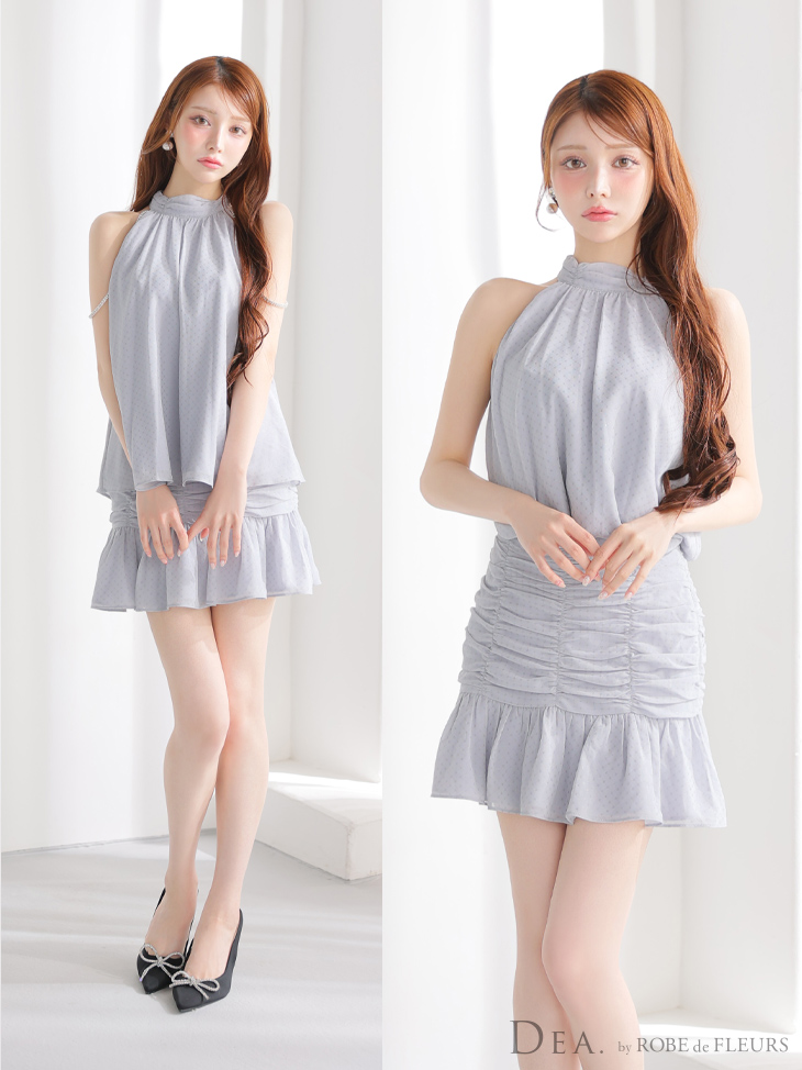 ホルターネック ドット柄 シフォン セットアップ シンプル フレアミニドレスのイメージ画像5