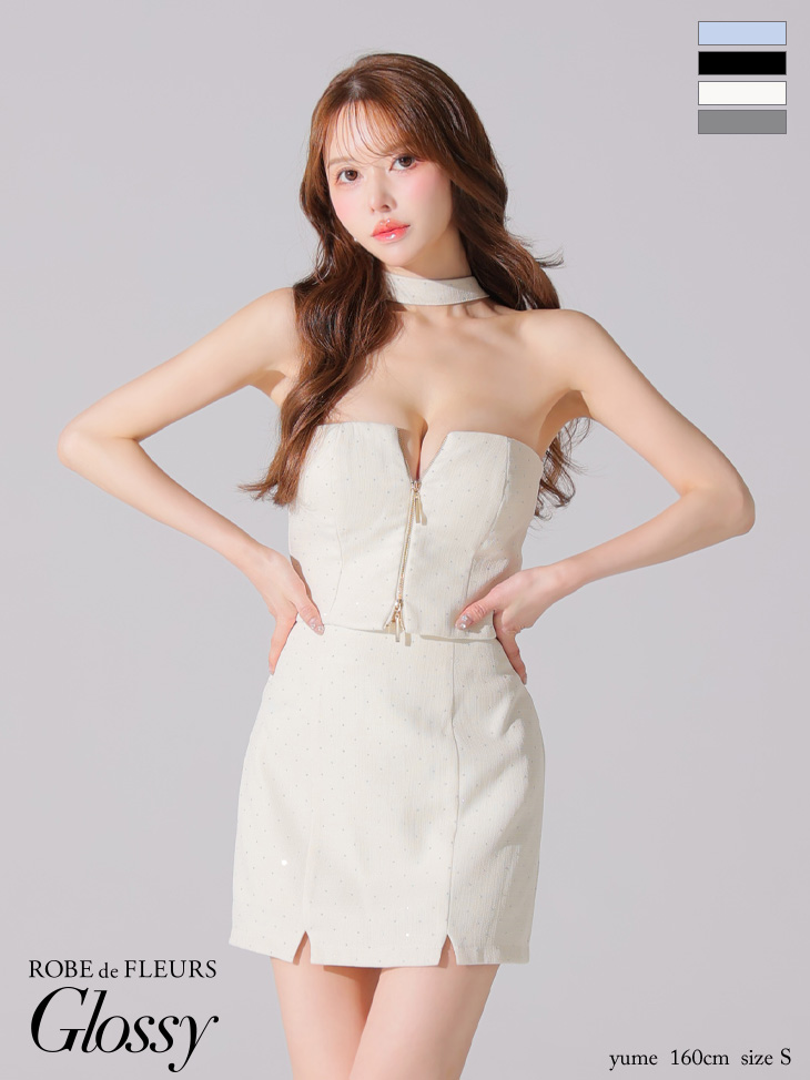 キャバドレス Glossy ROBE de FLEURS グロッシー ローブドフルール ホルターネック セットアップ ワンカラー ツイード ストーン タイトミニドレスのイメージ画像3