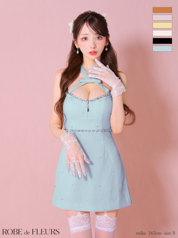 ガーリー オープンバスト ジップデザイン ホルターネック リボン ビジュー フレアミニドレスのイメージ画像6