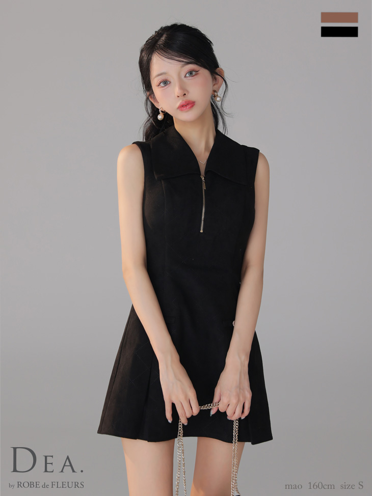 ノースリーブ ジップデザイン 襟付き シンプル スエード フレアミニドレスのイメージ画像2