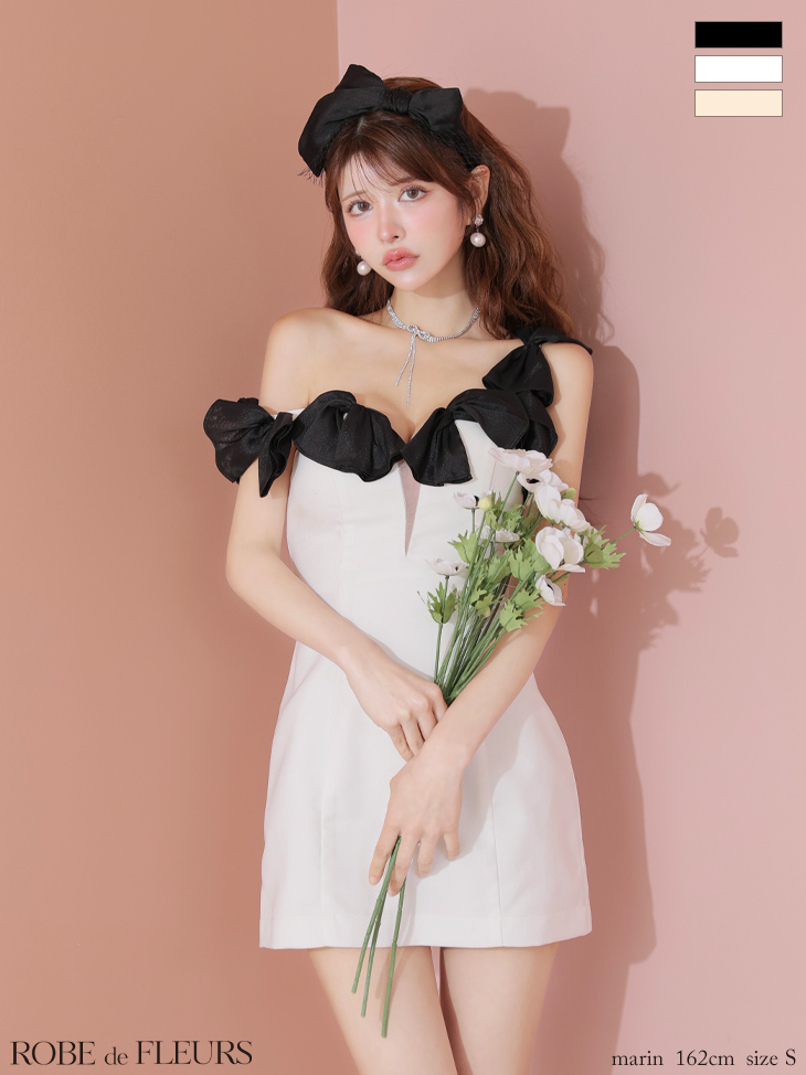 キャバドレス ROBEdeFLEURS ローブドフルール リボンショルダー ワンショルダー シフォン ガーリー タイトミニドレスのイメージ画像2