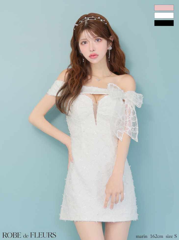 オフショルダー リボン レース バストカット ガーリー フレアミニドレスのイメージ画像1