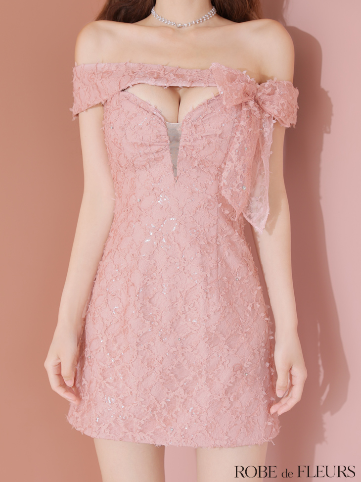 オフショルダー リボン レース バストカット ガーリー フレアミニドレスのイメージ画像3