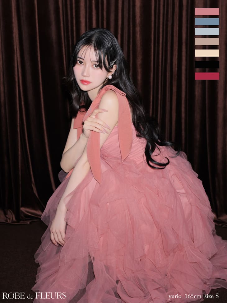 ノースリーブ　リボンショルダー ボリューム チュール Aラインロングドレスのイメージ画像1