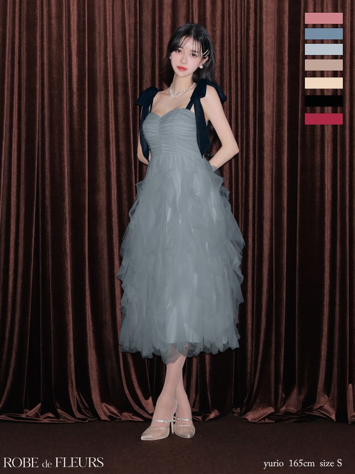 ノースリーブ　リボンショルダー ボリューム チュール Aラインロングドレスのイメージ画像2