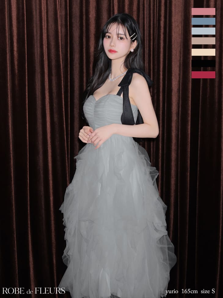 ノースリーブ　リボンショルダー ボリューム チュール Aラインロングドレスのイメージ画像3