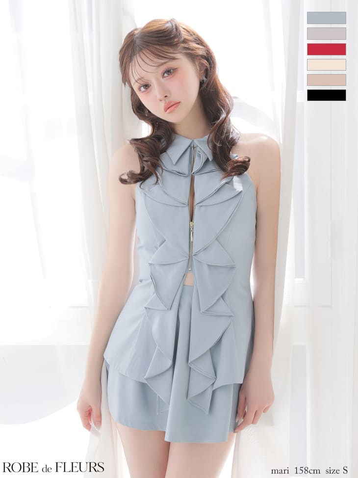 ホルターネック セットアップ ジップデザイン 襟付き フリル ガーリー フレアミニドレスのイメージ画像9