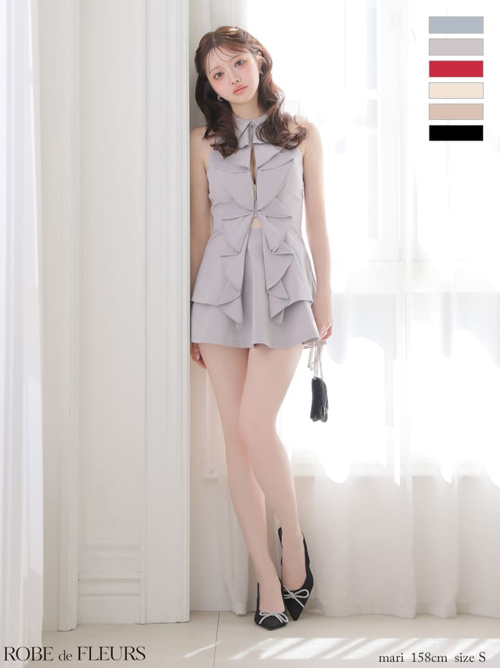 ホルターネック セットアップ ジップデザイン 襟付き フリル ガーリー フレアミニドレスのイメージ画像10