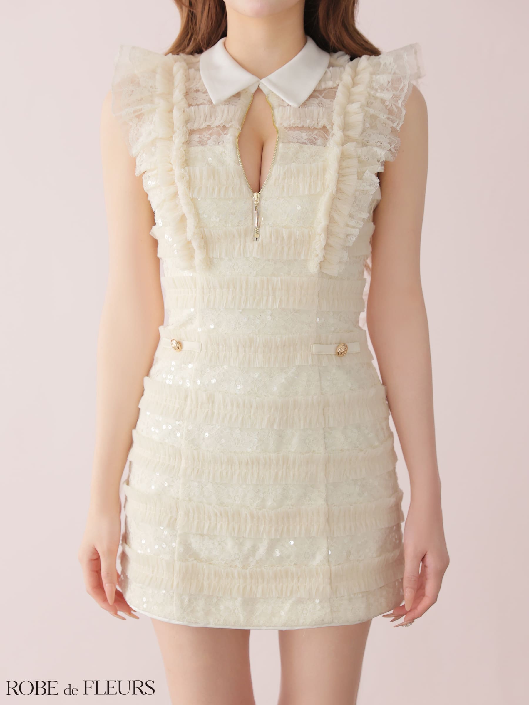 襟付き ノースリーブ ジップデザイン フリル スパンコールチュール タイトミニドレスのイメージ画像5