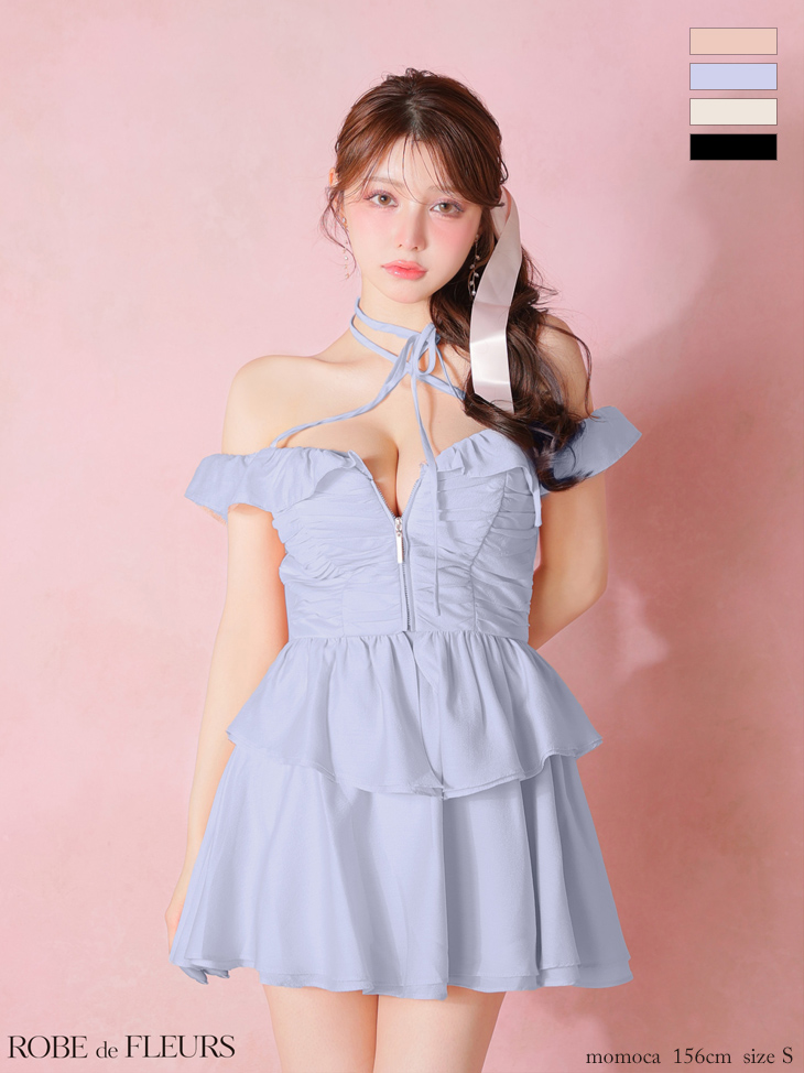 オフショルダー クロスネック セットアップ ジップデザイン フリル シフォン ペプラム フレアミニドレスのイメージ画像2