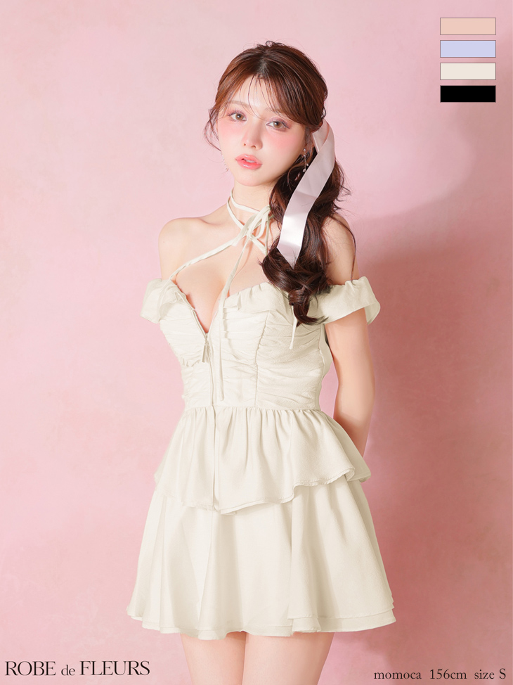 オフショルダー クロスネック セットアップ ジップデザイン フリル シフォン ペプラム フレアミニドレスのイメージ画像3