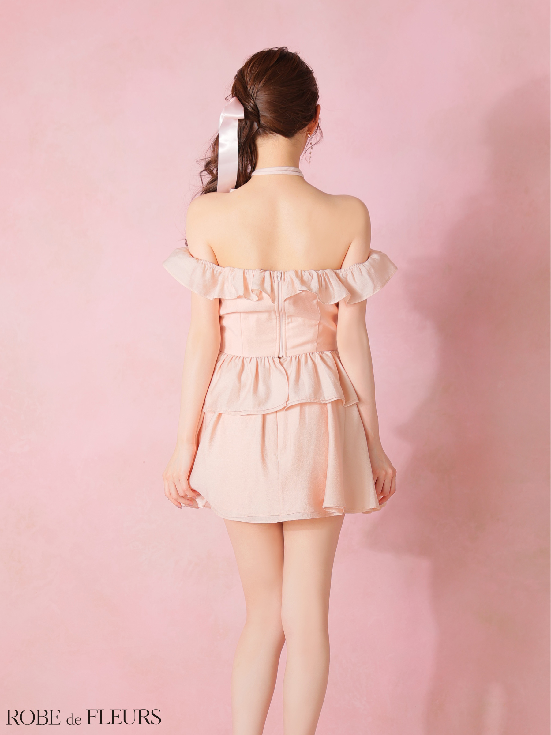 オフショルダー クロスネック セットアップ ジップデザイン フリル シフォン ペプラム フレアミニドレスのイメージ画像6