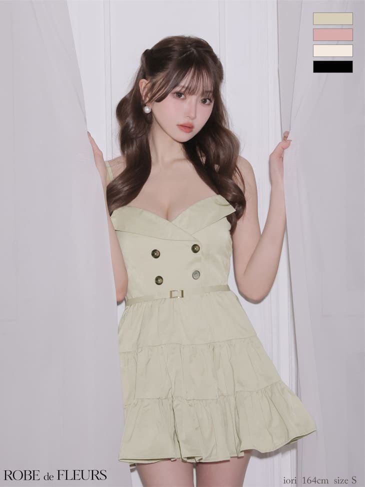 キャミソール ダブルボタン ウエストベルト 光沢ツイル ティアードフリルスカート フレアミニドレスのイメージ画像1