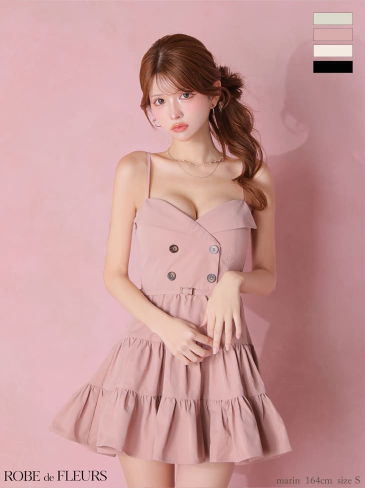 キャミソール ダブルボタン ウエストベルト 光沢ツイル ティアードフリルスカート フレアミニドレスのイメージ画像2