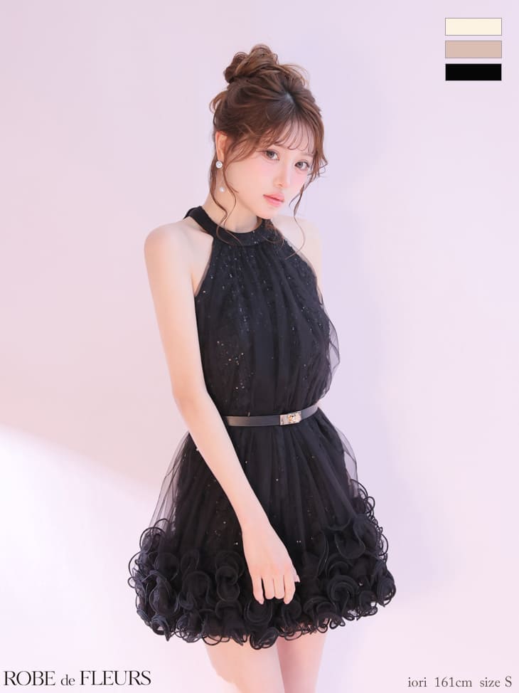 2way ホルターネック リボン ベルト レース スパンコール チュール フレアミニドレスのイメージ画像3