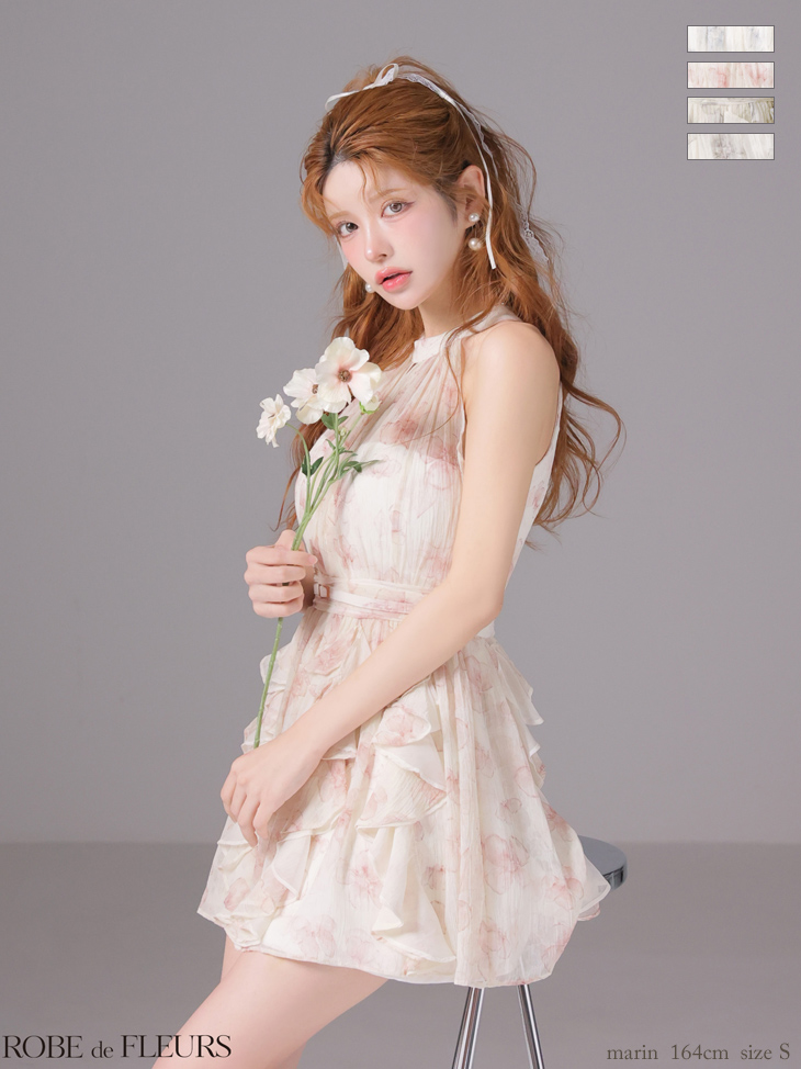 ホルターネック バストカット ウエストベルト フラワーシフォン フレアミニドレスのイメージ画像2