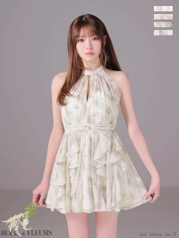 ホルターネック バストカット ウエストベルト フラワーシフォン フレアミニドレスのイメージ画像3