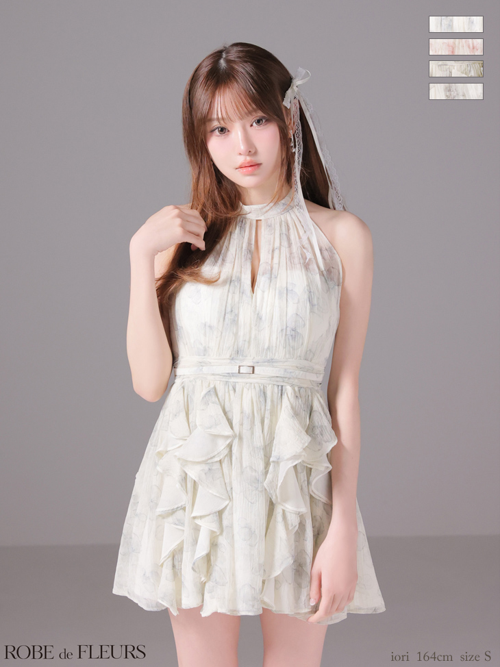 ホルターネック バストカット ウエストベルト フラワーシフォン フレアミニドレスのイメージ画像1