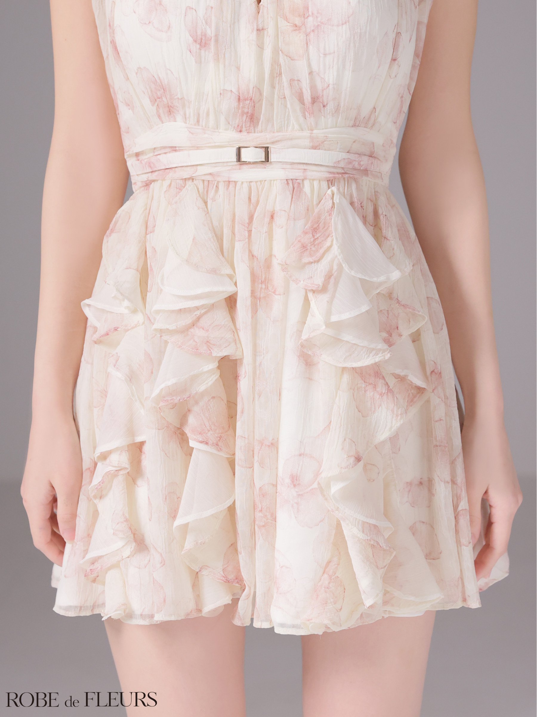 ホルターネック バストカット ウエストベルト フラワーシフォン フレアミニドレスのイメージ画像8