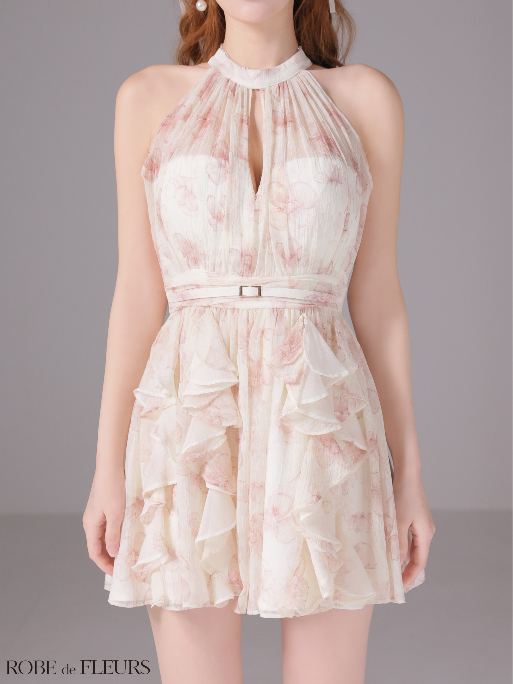 ホルターネック バストカット ウエストベルト フラワーシフォン フレアミニドレスのイメージ画像4