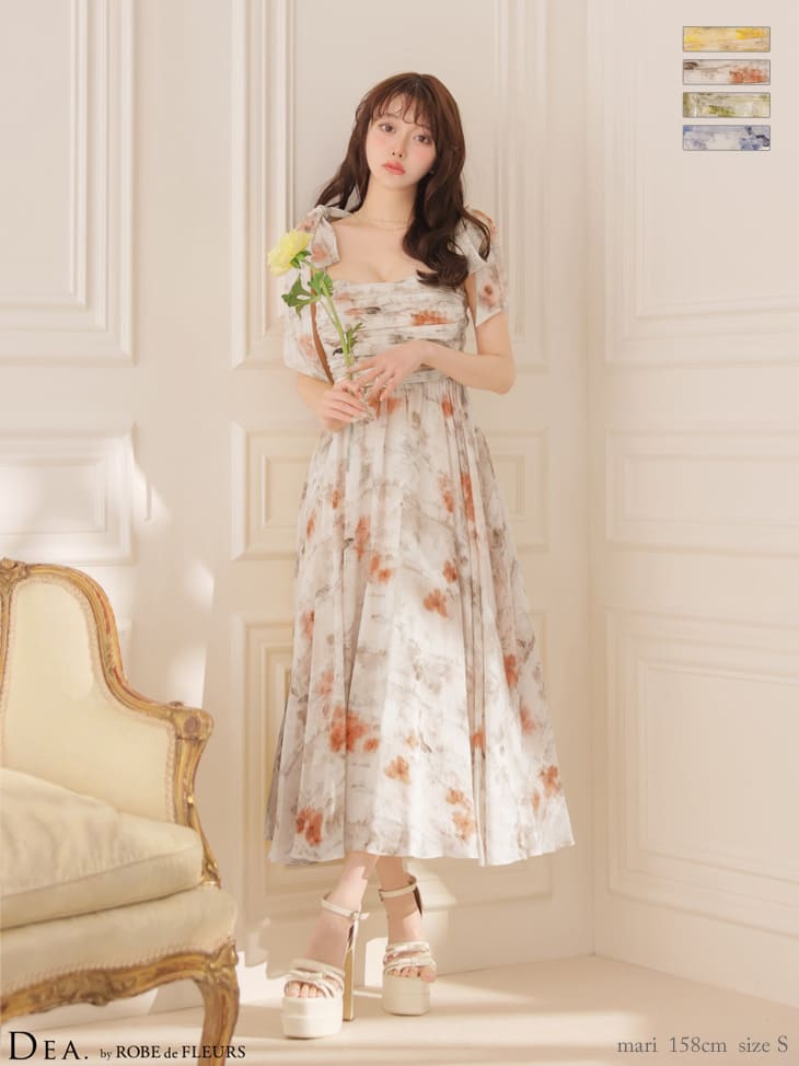 キャミソール リボン ギャザー ブラーフローラル シフォン Aラインロングドレスのイメージ画像2