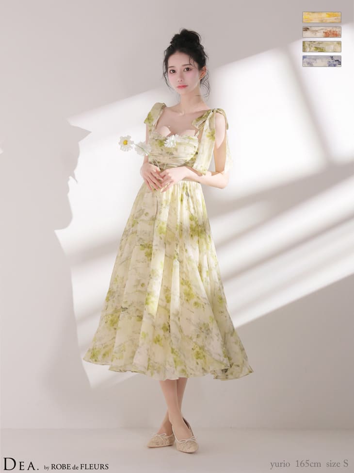 キャミソール リボン ギャザー ブラーフローラル シフォン Aラインロングドレスのイメージ画像3