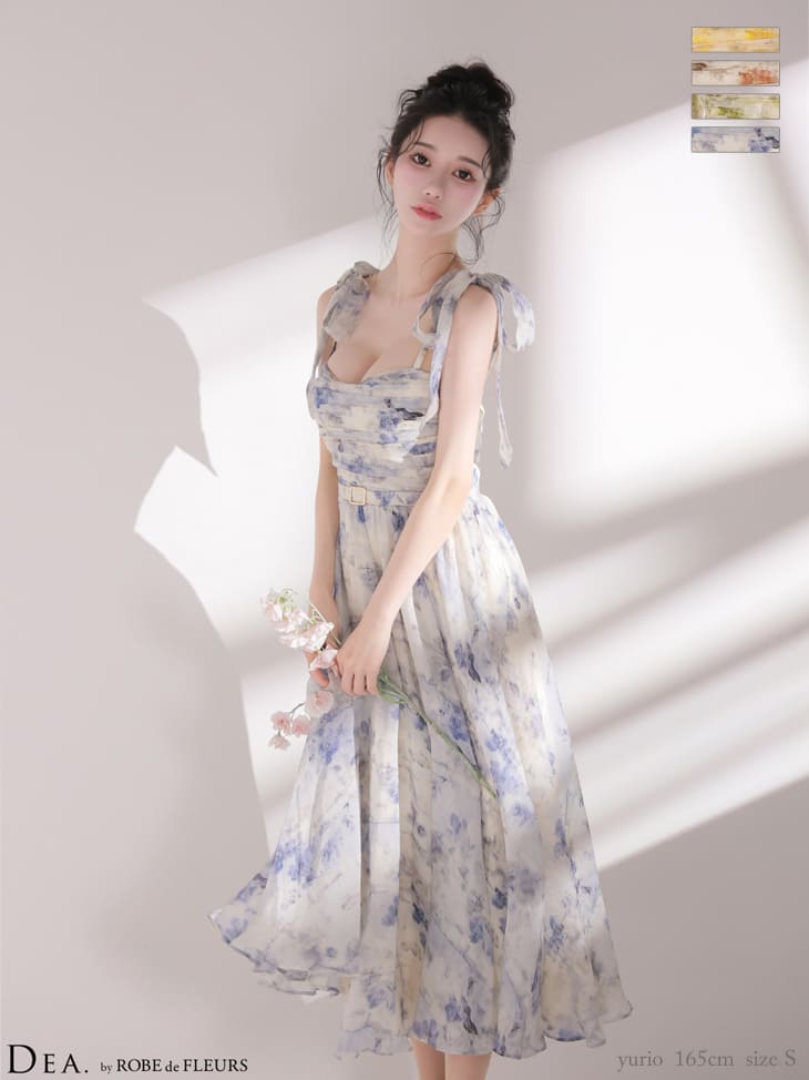 キャミソール リボン ギャザー ブラーフローラル シフォン Aラインロングドレスのイメージ画像4