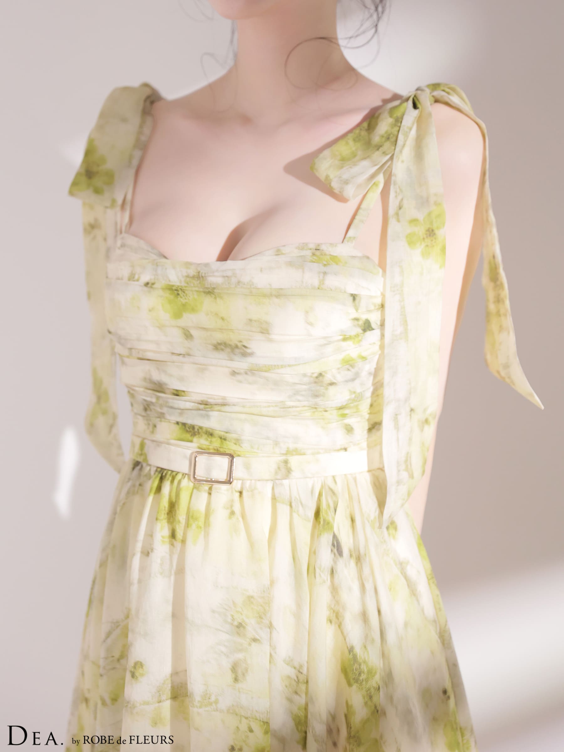 キャミソール リボン ギャザー ブラーフローラル シフォン Aラインロングドレスのイメージ画像8