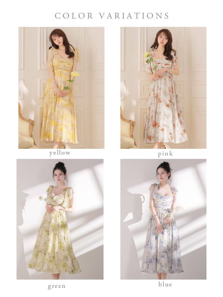 キャミソール リボン ギャザー ブラーフローラル シフォン Aラインロングドレスのイメージ画像7