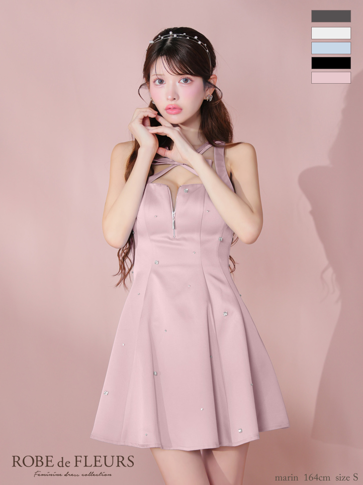 キャバドレス ROBEdeFLEURS ローブドフルール ネックリボン サテン ジップデザイン ガーリー ノースリーブ ビジュー フレアミニドレスのイメージ画像5