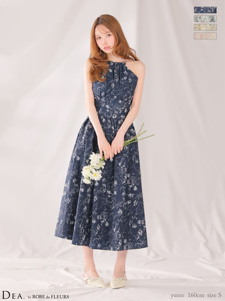 エレガント ホルターネック 花柄 Aラインロングドレスのイメージ画像1